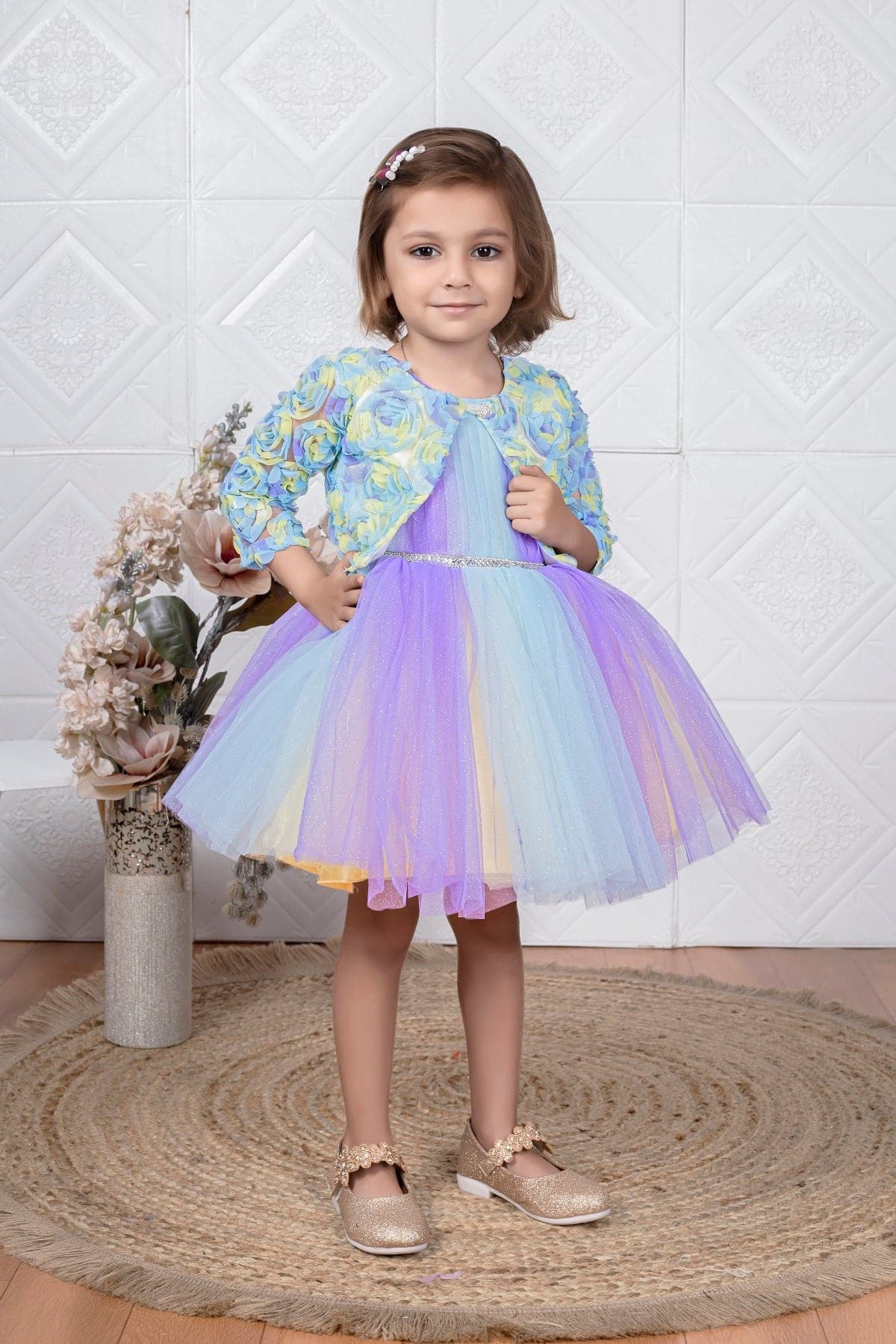 Cutedoll Multicolor Net Kids Party Dress With Flower Jacket