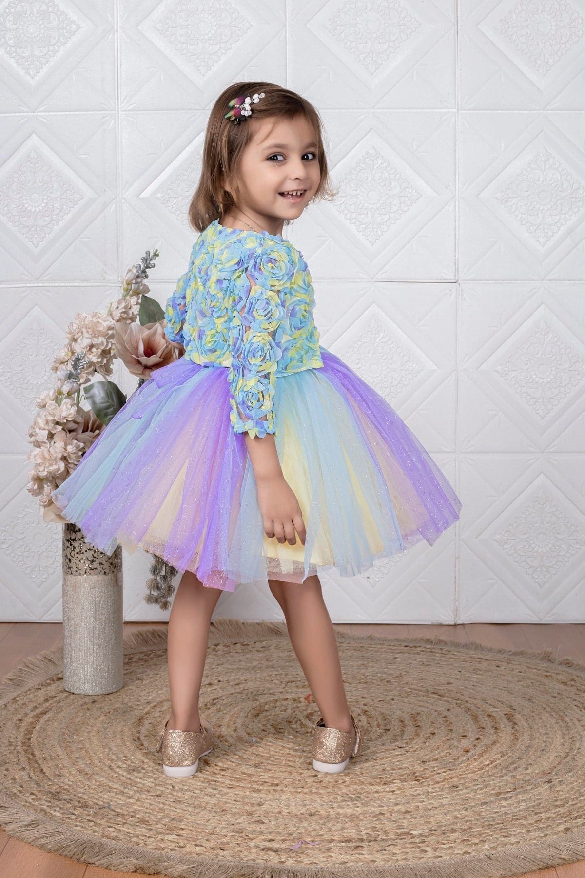 Cutedoll Multicolor Net Kids Party Dress With Flower Jacket