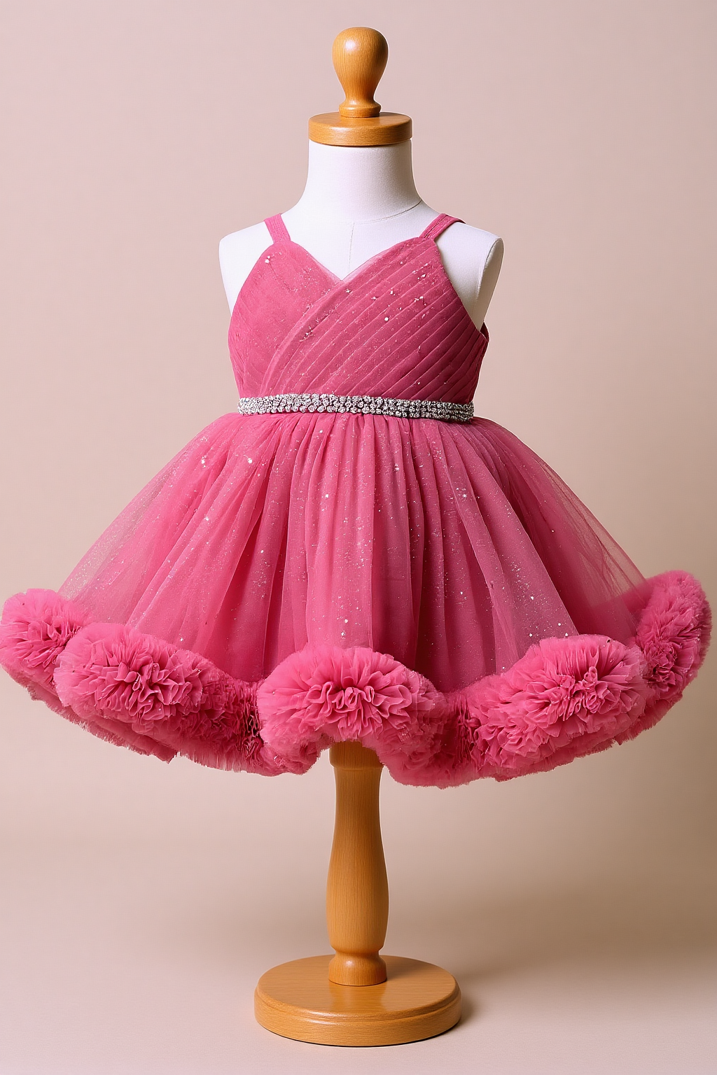 Dresses for Girls – Pink Glitter Tulle Dress with Ruffle Hem and Crystal Belt