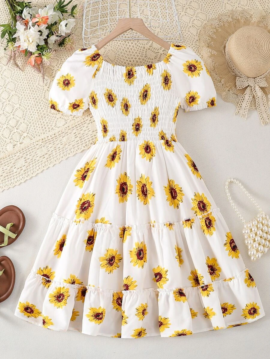Girls Sunflower Dress – Puff Sleeve Smocked Summer Dress for Toddlers & Little Girls – Tiered Cotton Party Outfit
