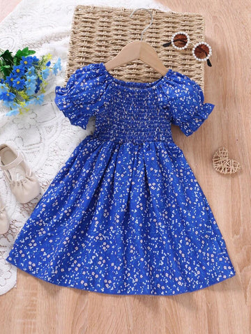Girls Blue Floral Dress – Puff Sleeve Smocked Cotton Dress for Toddlers & Little Girls – Summer Twirl Party Outfit