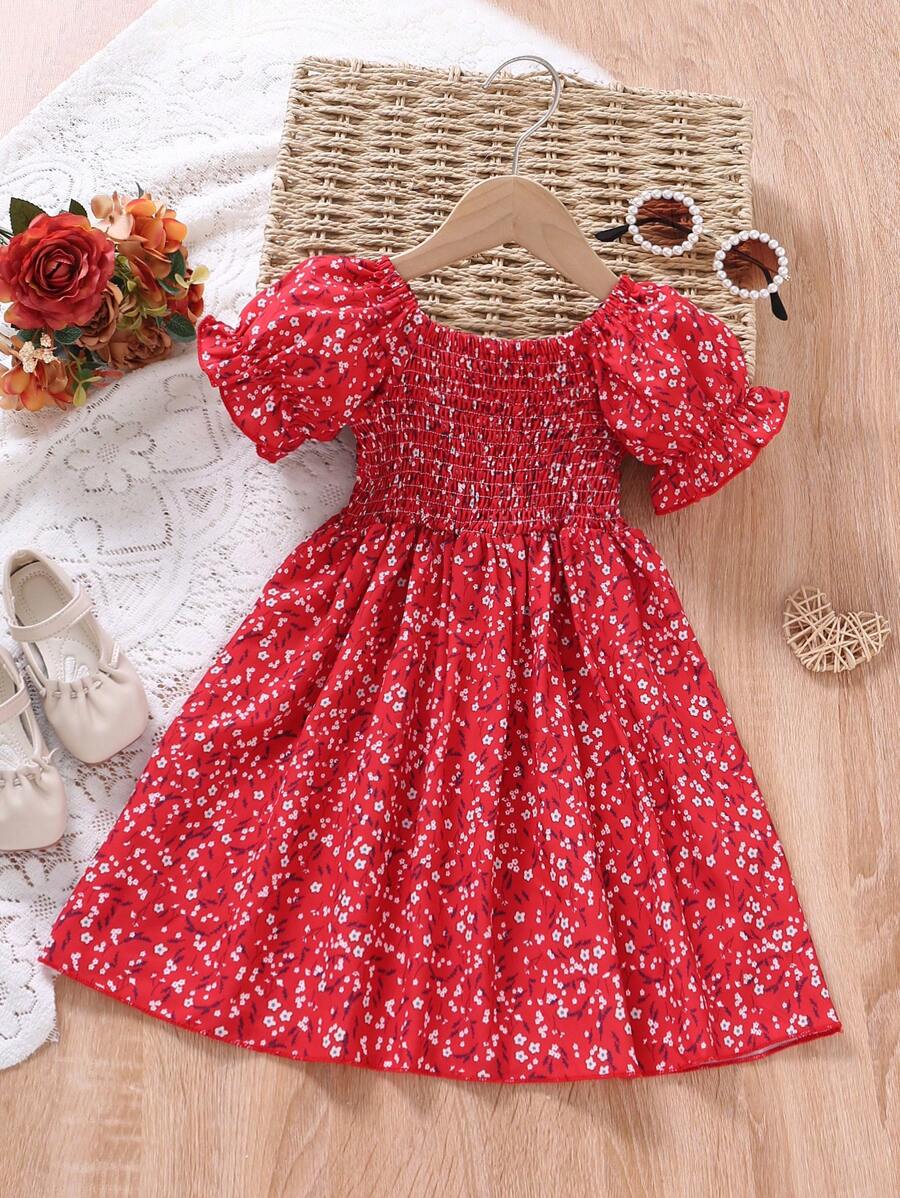Girls Red Floral Dress – Puff Sleeve Smocked Cotton Dress for Toddlers & Little Girls – Summer Twirl Party Outfit