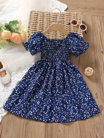 Girls Navy Blue Floral Dress – Puff Sleeve Smocked Cotton Dress for Toddlers & Little Girls – Summer Party Outfit