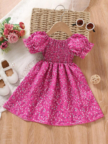 Girls Pink Floral Dress – Puff Sleeve Smocked Cotton Dress for Toddlers & Little Girls – Summer Twirl Party Outfit