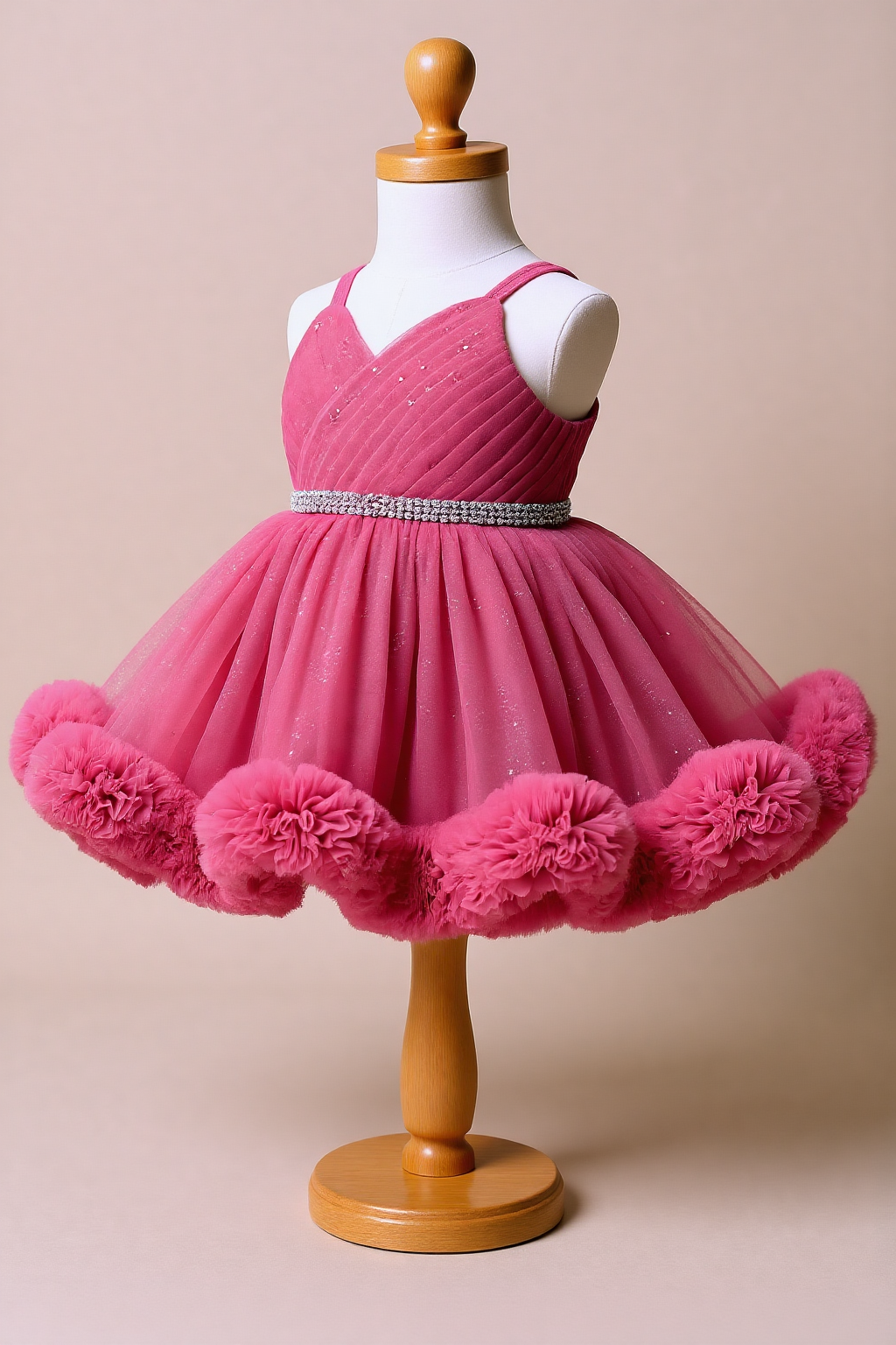 Dresses for Girls – Pink Glitter Tulle Dress with Ruffle Hem and Crystal Belt