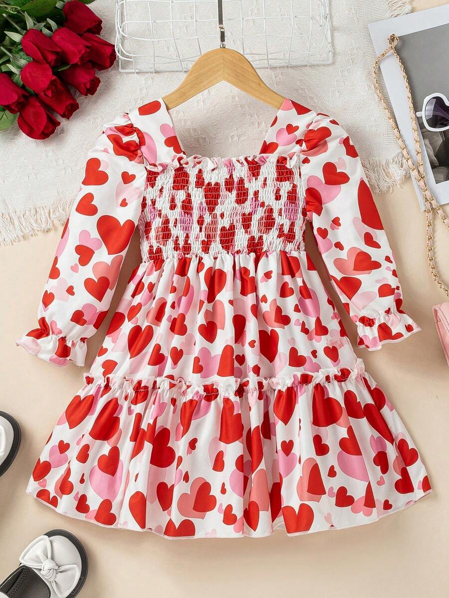Girls Valentine’s Day Heart Dress – Long Sleeve Smocked Dress for Toddlers & Little Girls – Pink & Red Tiered Party Outfit