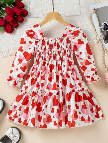 Girls Valentine’s Day Heart Dress – Long Sleeve Smocked Dress for Toddlers & Little Girls – Pink & Red Tiered Party Outfit