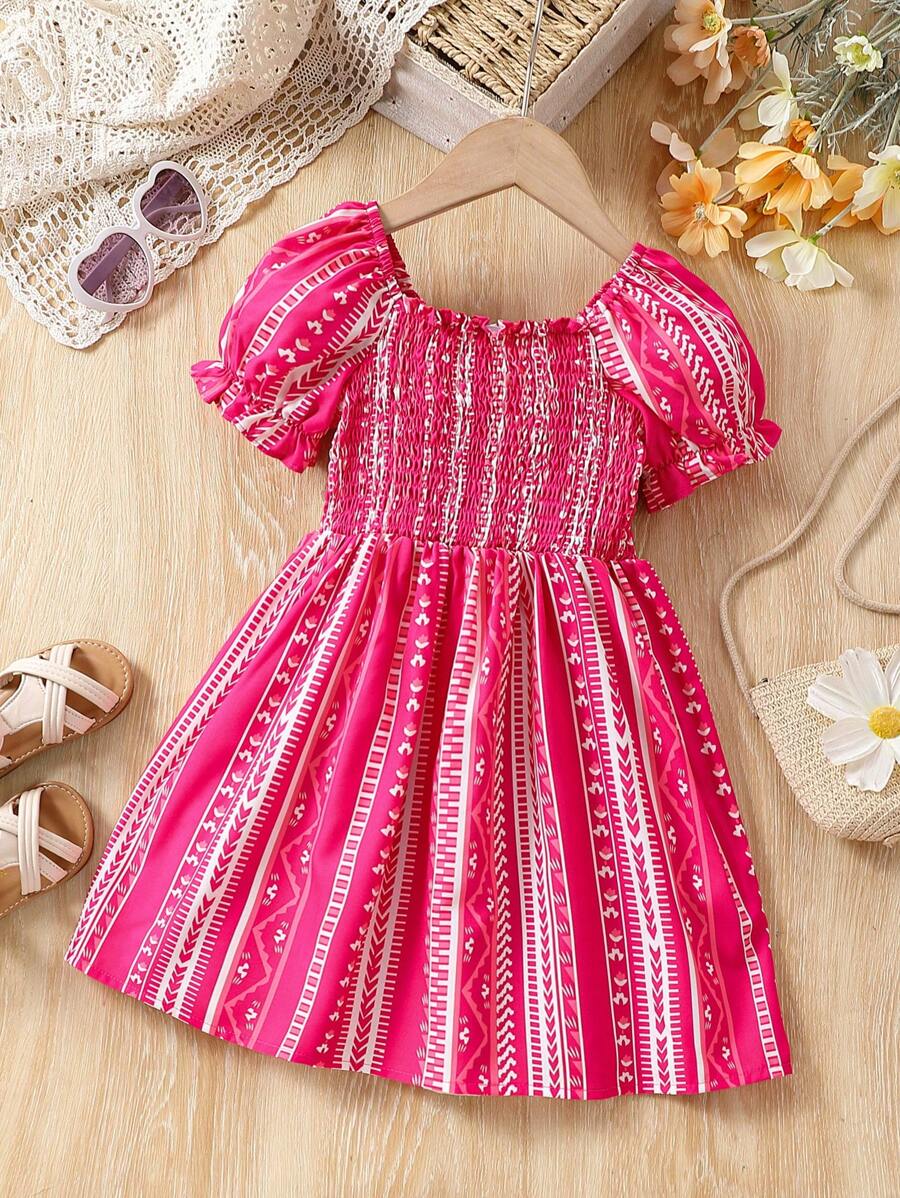 Girls Pink Tribal Print Smocked Dress – Boho Puff Sleeve Cotton Sundress for Toddlers & Little Girls, Summer Casual or Party Outfit