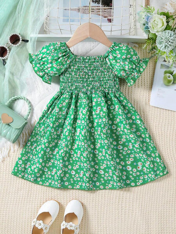 Girls Green Floral Dress – Puff Sleeve Smocked Cotton Sundress for Toddlers & Little Girls – Daisy Print Summer Outfit
