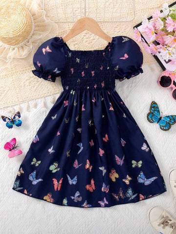 Girls Navy Butterfly Dress – Puff Sleeve Smocked Party Dress for Toddlers & Little Girls – Summer Twirl Dress with Colorful Print