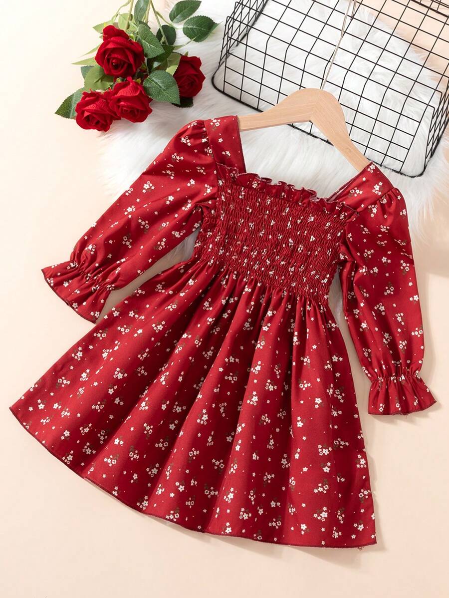 Girls Red Long Sleeve Dress with Smocked Bodice – Toddler to Little Girl Floral Party Dress with Bow – Holiday & Special Occasion Outfit