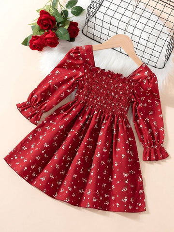 Girls Red Long Sleeve Dress with Smocked Bodice – Toddler to Little Girl Floral Party Dress with Bow – Holiday & Special Occasion Outfit