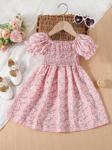 Girls Pink Floral Puff Sleeve Dress – Toddler to Little Girls Cotton Smocked Summer Sundress