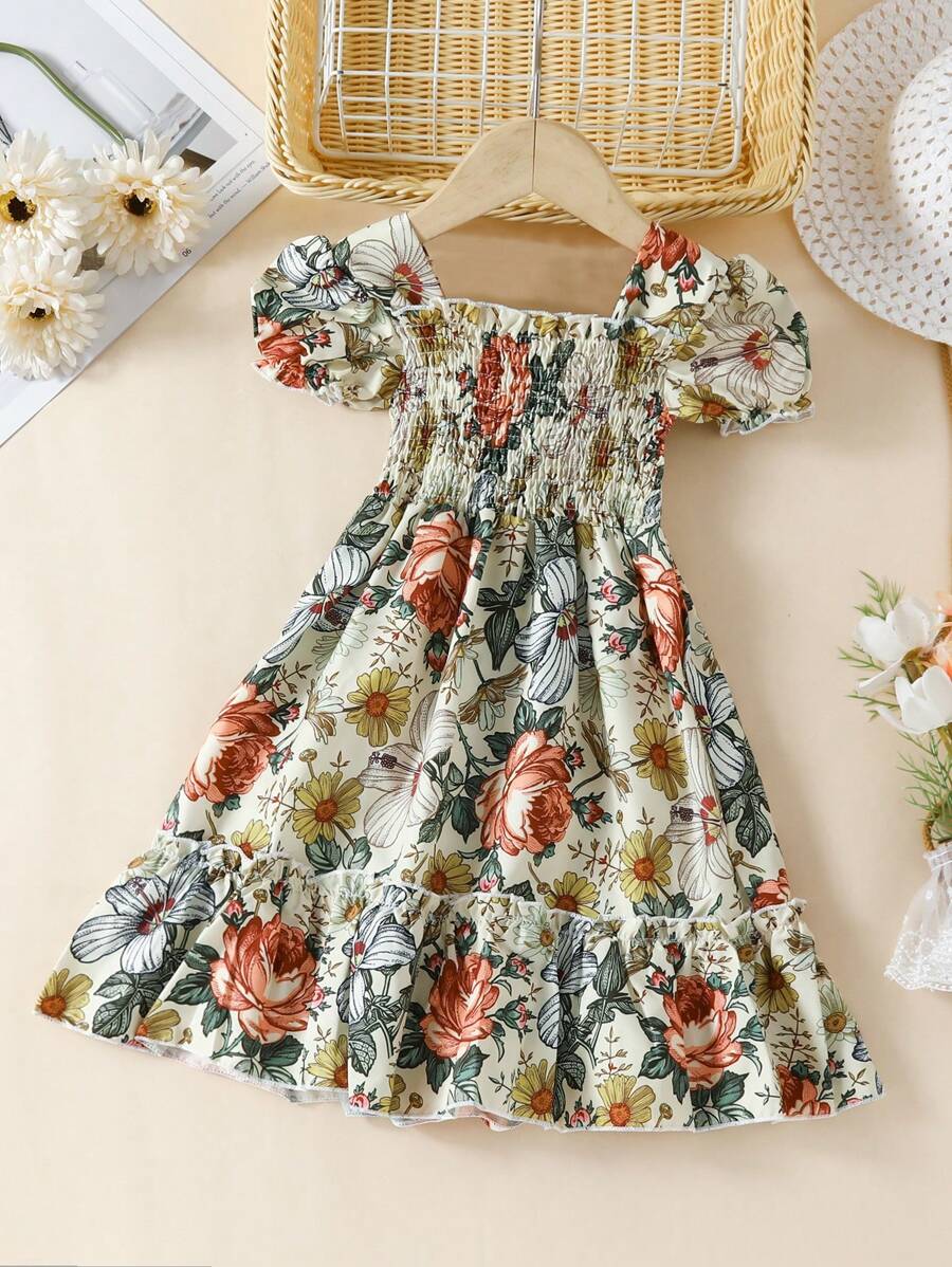 Girls Vintage Floral Dress – Puff Sleeve Smocked Cotton Dress for Toddlers & Little Girls – Garden Party Outfit for Spring & Summer