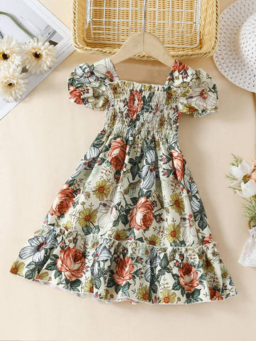 Girls Vintage Floral Dress – Puff Sleeve Smocked Cotton Dress for Toddlers & Little Girls – Garden Party Outfit for Spring & Summer
