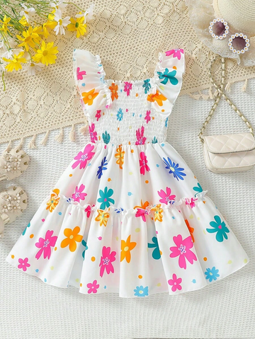 Girls Colorful Flower Dress – Ruffle Sleeve Smocked Sundress for Toddlers & Little Girls – Bright Summer Party Outfit