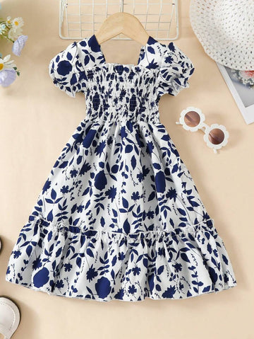 Girls Navy Floral Dress – Puff Sleeve Smocked Cotton Dress for Toddlers & Little Girls – Summer Tiered Party Outfit
