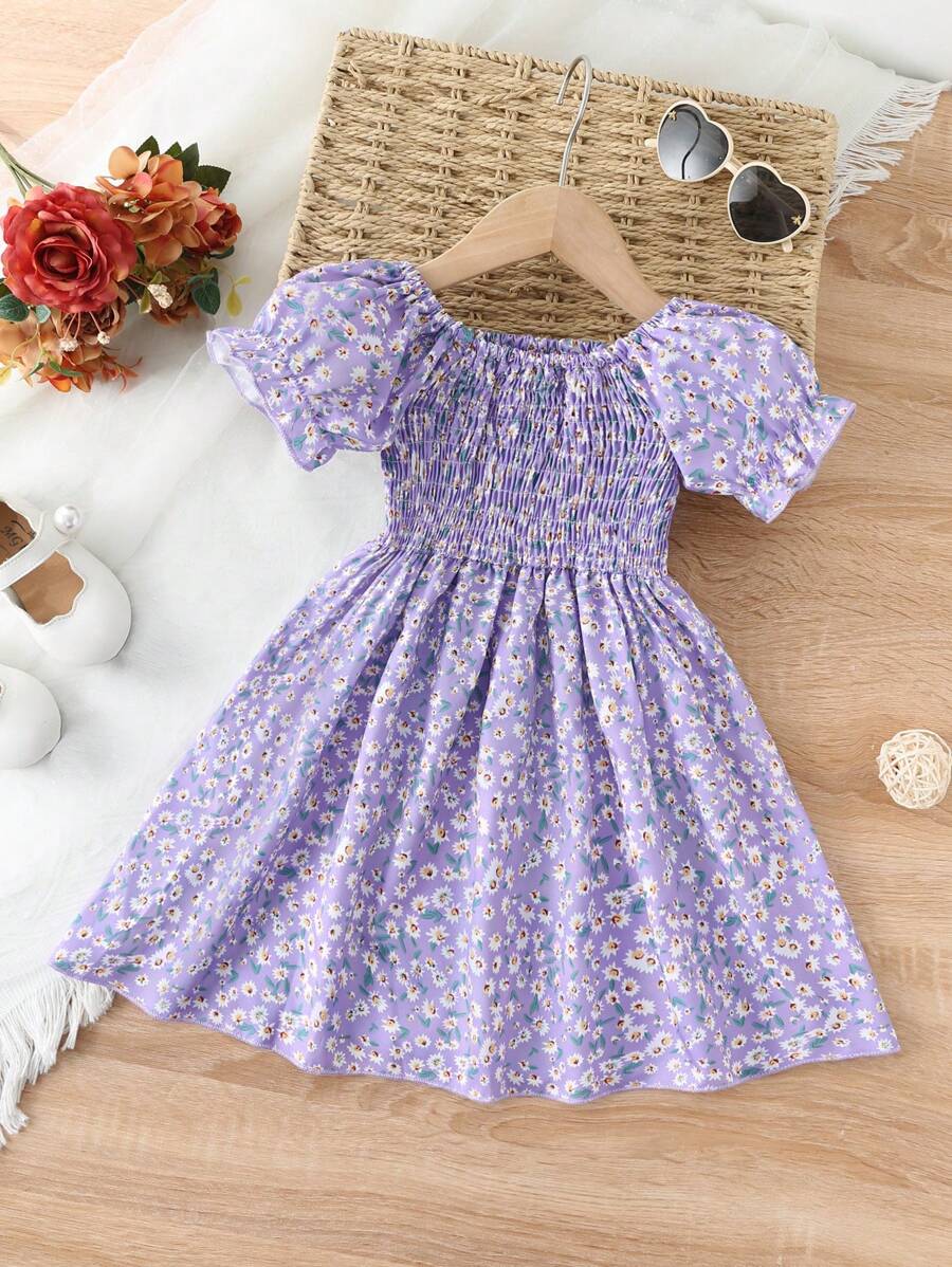 Girls Lavender Floral Dress – Toddler & Little Girl Smocked Puff Sleeve Summer Dress for Parties, Photos & Everyday Wear