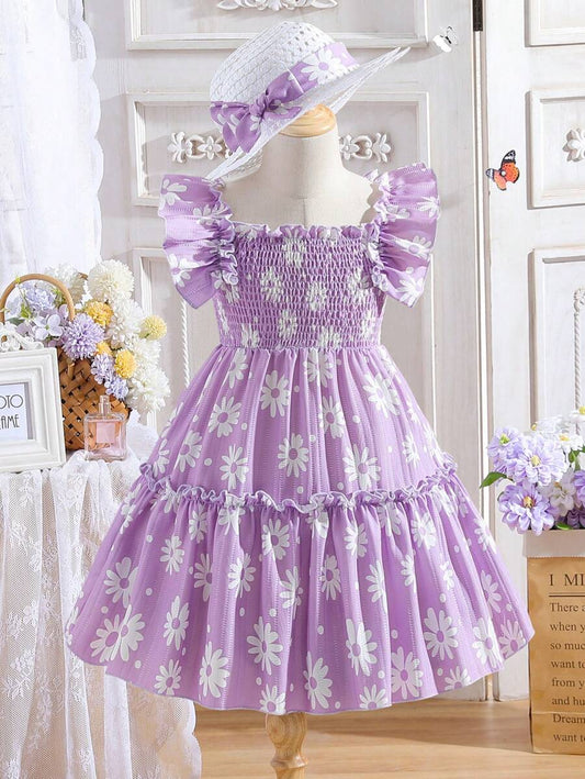 Girls Purple Daisy Dress – Toddler & Little Girl Smocked Sundress with Ruffle Sleeves – Summer Floral Cotton Outfit