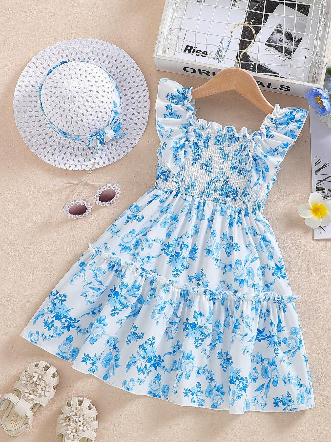 Girls Blue Floral Dress – Ruffle Sleeve Smocked Cotton Sundress for Toddlers & Little Girls – Summer Twirl Party Outfit