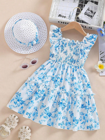 Girls Blue Floral Dress – Ruffle Sleeve Smocked Cotton Sundress for Toddlers & Little Girls – Summer Twirl Party Outfit