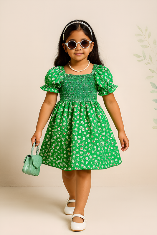 Girls Green Floral Dress – Puff Sleeve Smocked Cotton Sundress for Toddlers & Little Girls – Daisy Print Summer Outfit