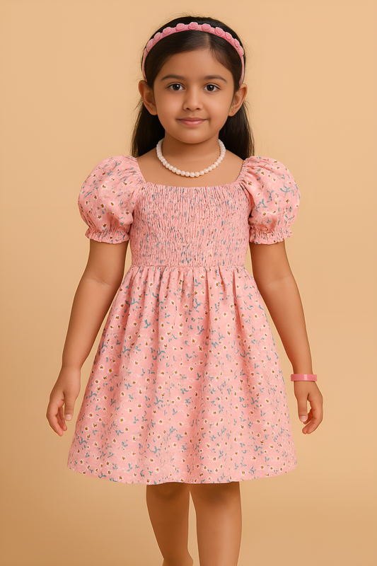 Girls Pink Floral Puff Sleeve Dress – Toddler to Little Girls Cotton Smocked Summer Sundress