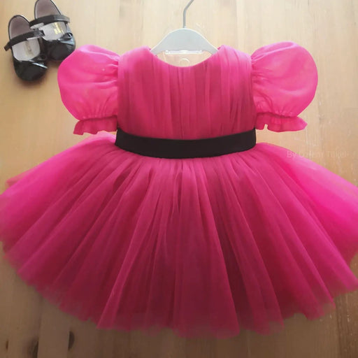 Girls Pink Puff Sleeve Party Kids Dress