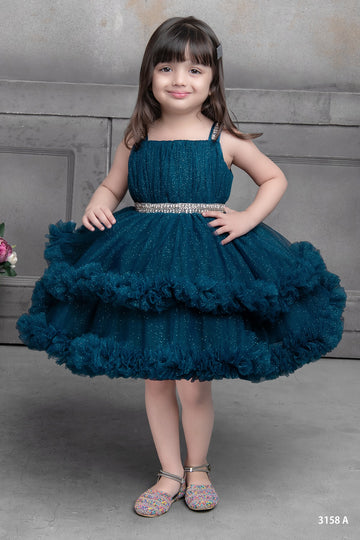 Teal Baby Girl Dress with Sparkling Belt and Ruffled Tulle Skirt – Perfect for Special Occasions