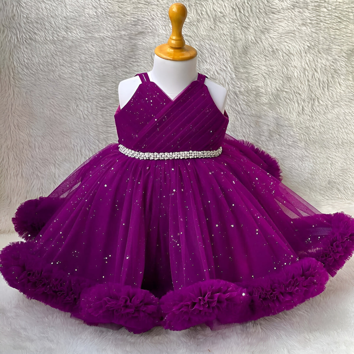 Pink Glitter Net Frock for Girls – Sleeveless Knee-Length Party Dress with Rhinestone Belt