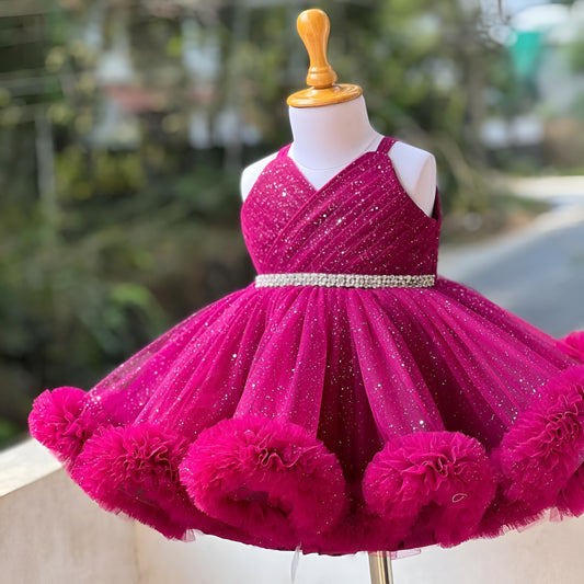 Pink Glitter Net Frock for Girls – Sleeveless Knee-Length Party Dress with Rhinestone Belt