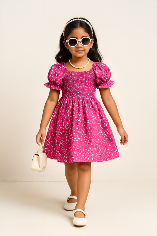 Girls Pink Floral Dress – Puff Sleeve Smocked Cotton Dress for Toddlers & Little Girls – Summer Twirl Party Outfit