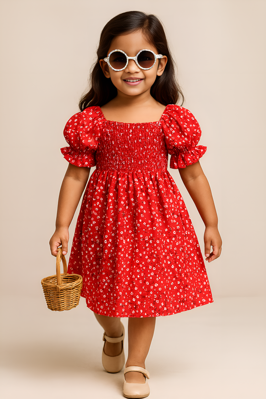 Girls Red Floral Dress – Puff Sleeve Smocked Cotton Dress for Toddlers & Little Girls – Summer Twirl Party Outfit