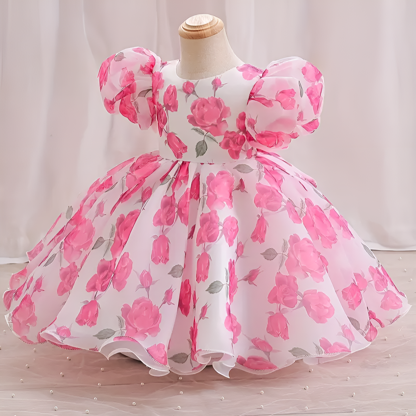 Baby Frock for Girls – Pink Floral Organza Puff Sleeve Dress for Parties