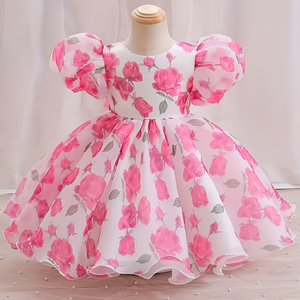 Baby Frock for Girls – Pink Floral Organza Puff Sleeve Dress for Parties