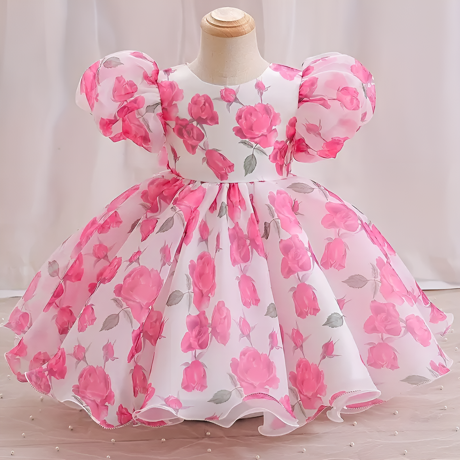 Baby Frock for Girls – Pink Floral Organza Puff Sleeve Dress for Parties