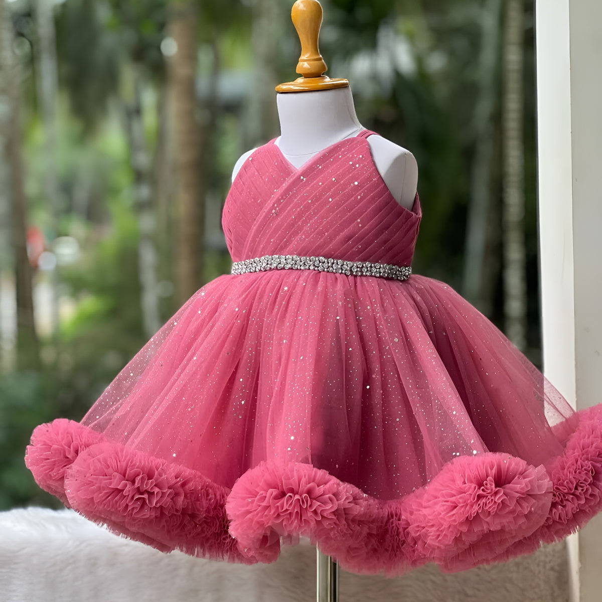 Dresses for Girls – Pink Glitter Tulle Dress with Ruffle Hem and Crystal Belt

