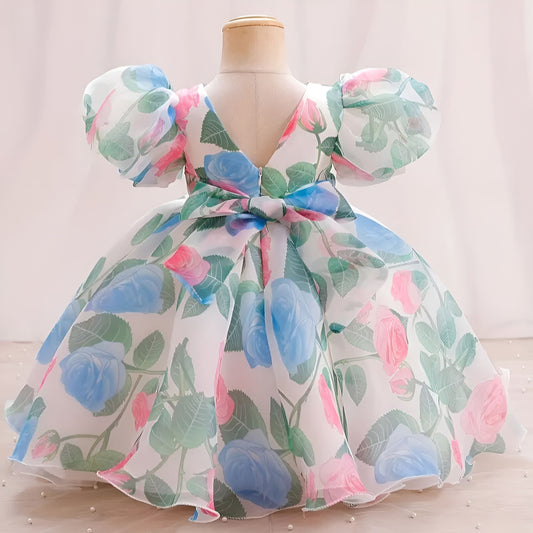 Baby Frock for Girls – Floral Organza Puff Sleeve Party Dress