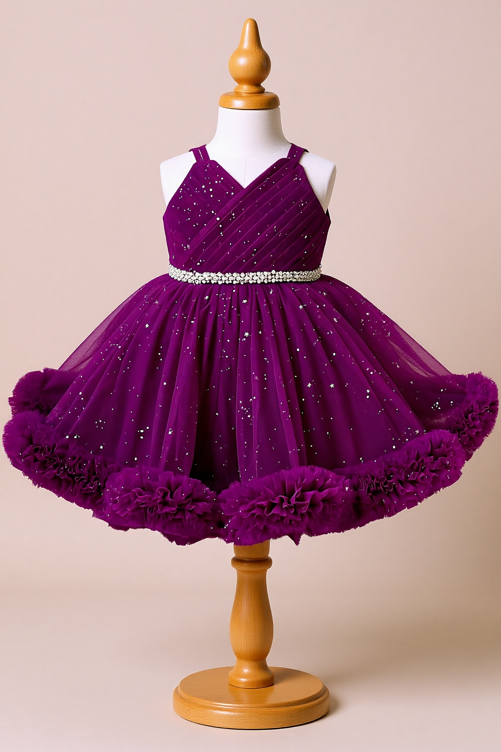 Purple Sparkle Ruffle Kids Frock with Pom Poms
