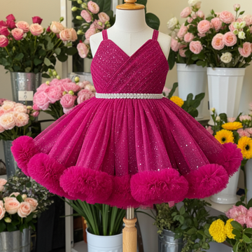 Pink Glitter Net Frock for Girls – Sleeveless Knee-Length Party Dress with Rhinestone Belt