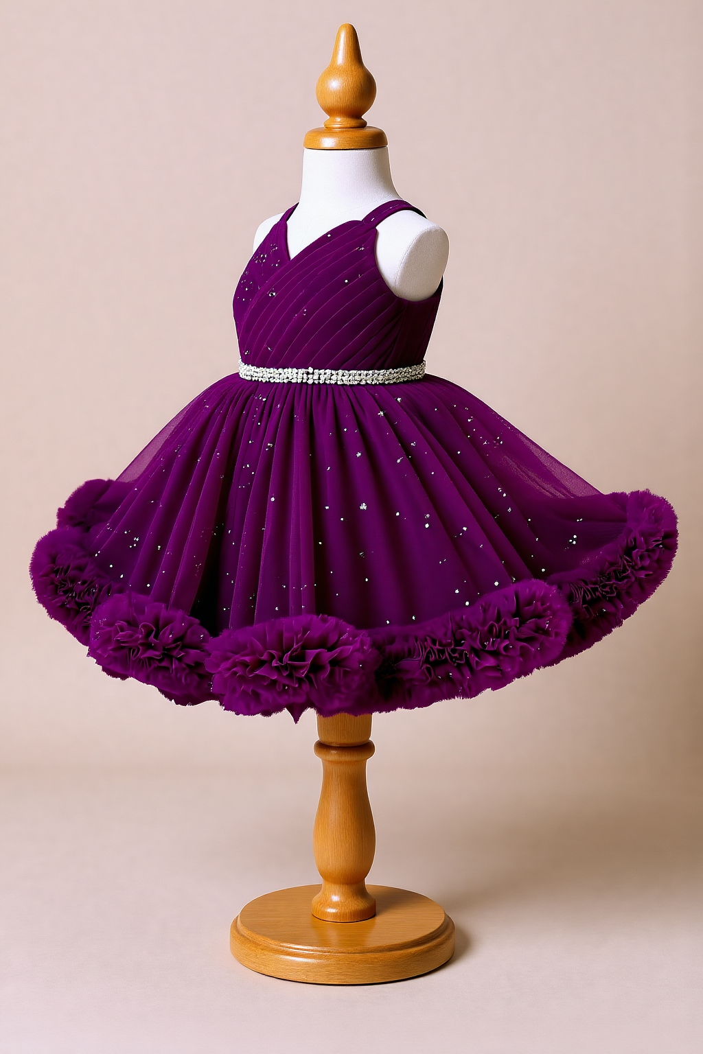 Purple Sparkle Ruffle Kids Frock with Pom Poms