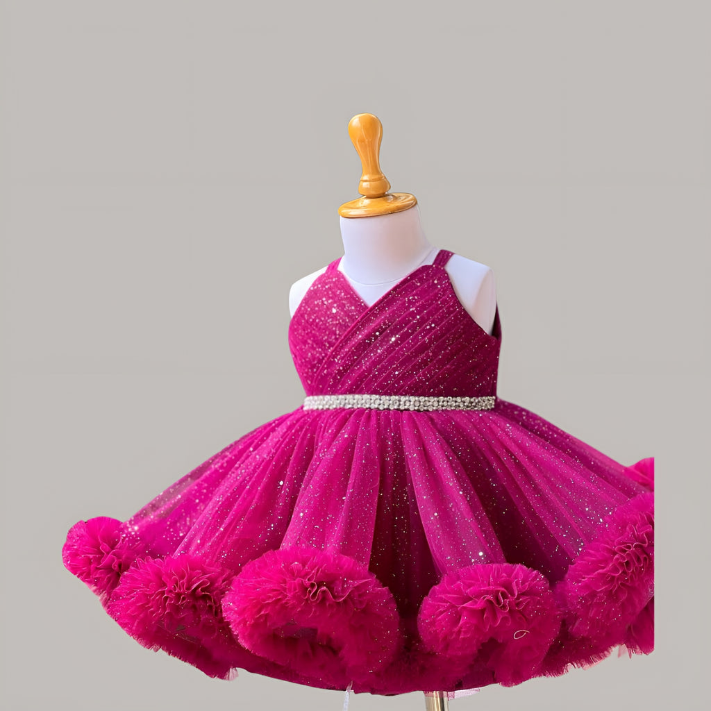 Pink Glitter Net Frock for Girls – Sleeveless Knee-Length Party Dress with Rhinestone Belt