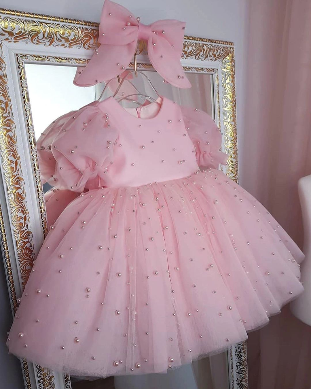 Elegant Pink Tulle Birthday Dress with Pearl Work for Baby Girls