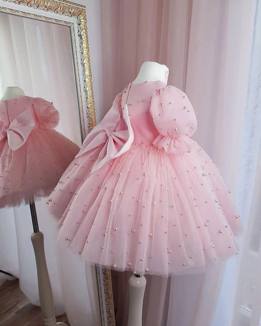 Elegant Pink Tulle Birthday Dress with Pearl Work for Baby Girls