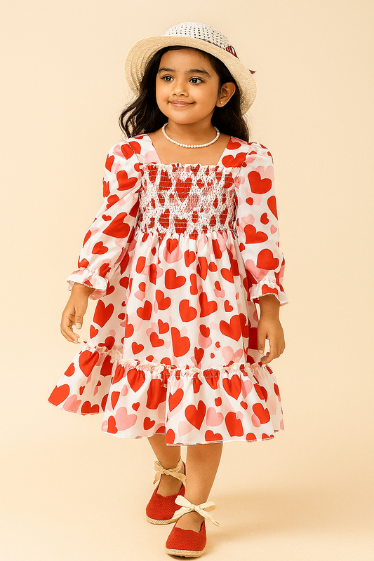 Girls Valentine’s Day Heart Dress – Long Sleeve Smocked Dress for Toddlers & Little Girls – Pink & Red Tiered Party Outfit