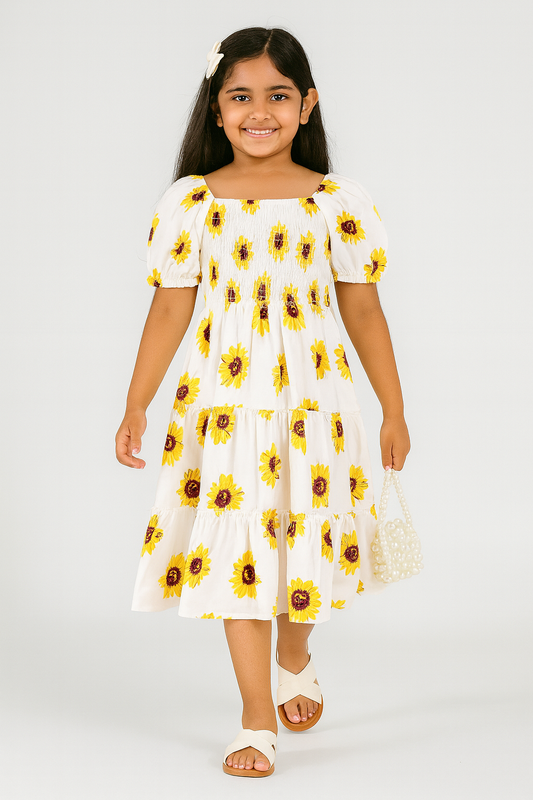 Girls Sunflower Dress – Puff Sleeve Smocked Summer Dress for Toddlers & Little Girls – Tiered Cotton Party Outfit