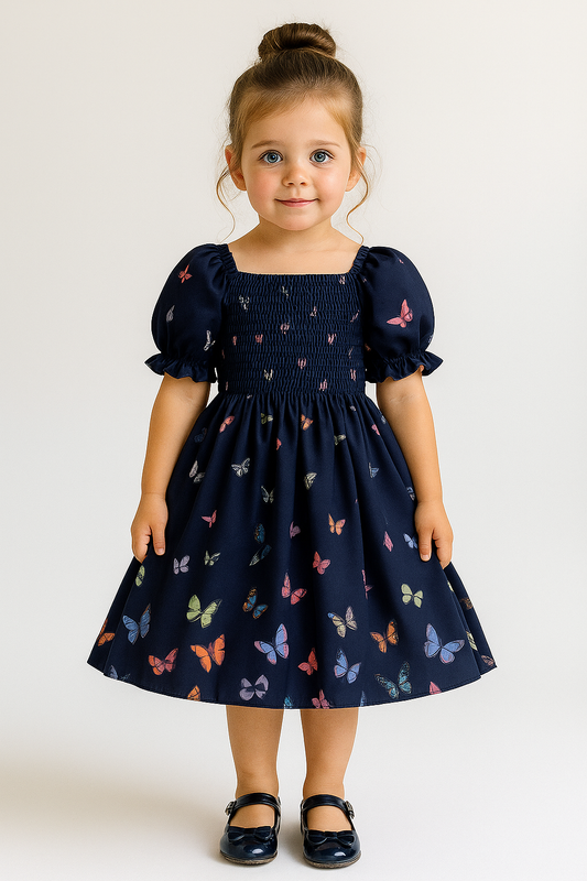 Girls Navy Butterfly Dress – Puff Sleeve Smocked Party Dress for Toddlers & Little Girls – Summer Twirl Dress with Colorful Print