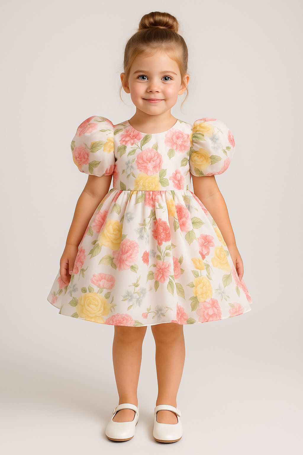 Multicolor Floral Baby Frock – Puffy Sleeve Knee-Length Organza Dress for Girls
