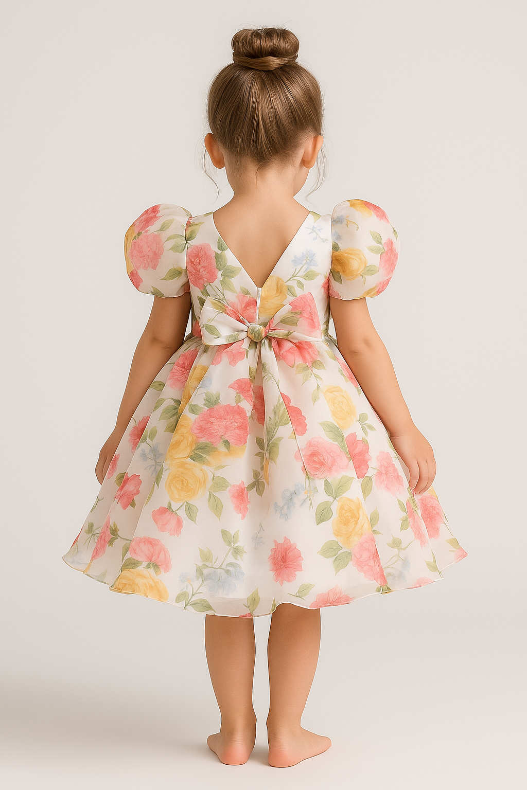 Multicolor Floral Baby Frock – Puffy Sleeve Knee-Length Organza Dress for Girls