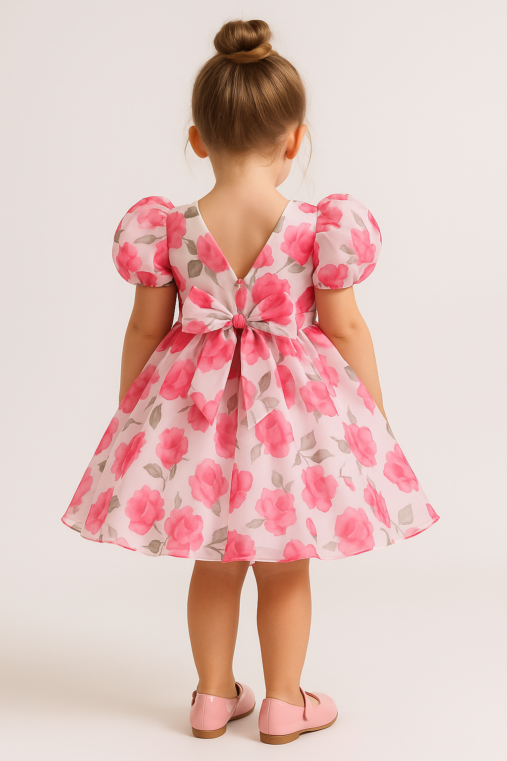 Baby Frock for Girls – Pink Floral Organza Puff Sleeve Dress for Parties